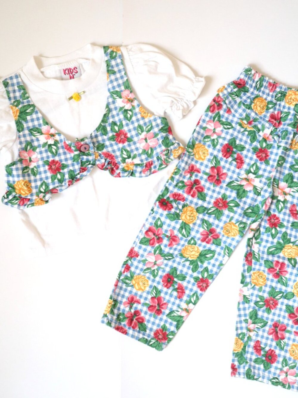 Vintage Blue Plaid Floral Printed T-Shirt + Pants Outfit SET / 3T